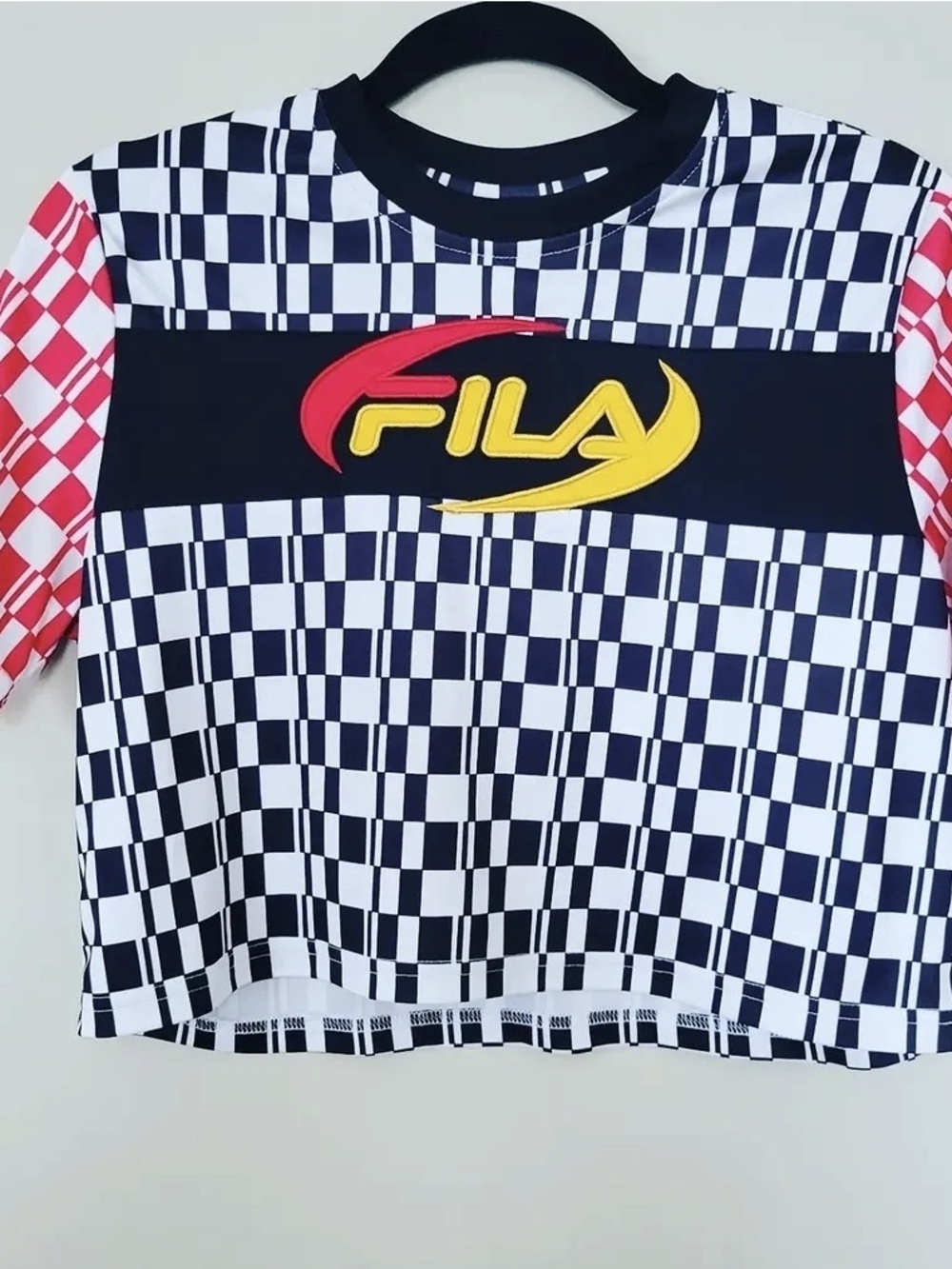 FILA Black & White Checkered Tee with Red and Yellow Logo, New Without Tags